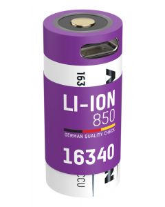 Li-Ion Akku 16340 / RCR123 Typ 850 (min. 800 mAh) mit USB-C Ladebuchse