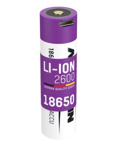 Li-Ion Akku 18650 Typ 2600 (min. 2500 mAh) mit USB-C Ladebuchse