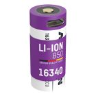 Li-Ion battery 16340 / RCR123 850 mAh with USB type C charging socket